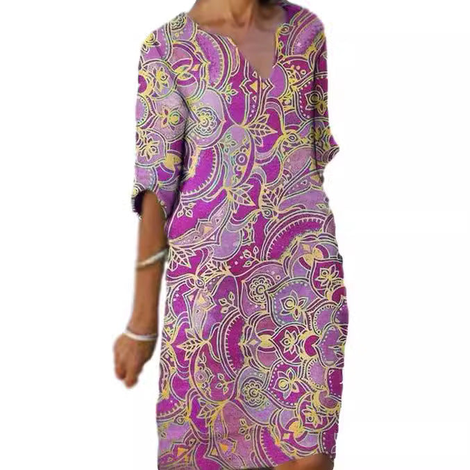 Damen Freizeitleichtkleid mit elegantem V-Ausschnitt und buntem Muster