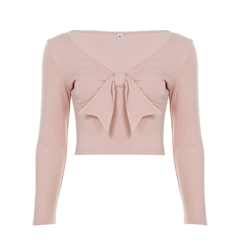 Damen nan Cropped-Longsleeve mit dekorativer Schleifenfront, V-Ausschnitt und figurbetonter Passform Shop Nory