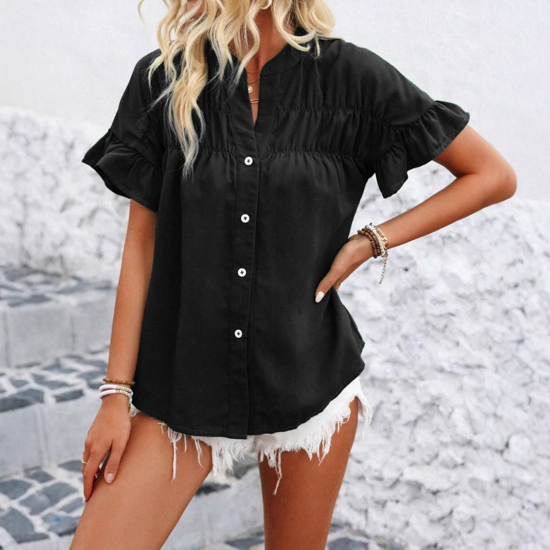 Damen Bluse mit Rüschenärmeln, Smok-Yoke und Stehkragen Shop Nory