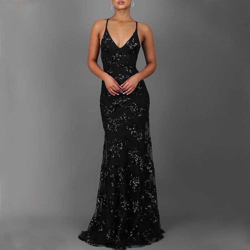 Damen Glitzernder Abendkleid mit vorderem Schlitz und tiefem Rückenausschnitt