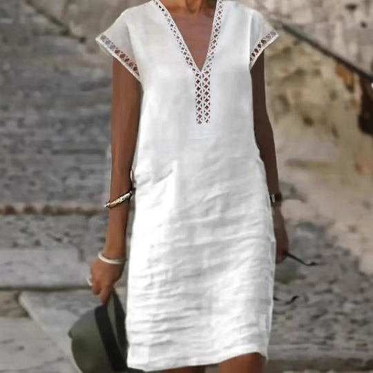 Damen nan leichtes Leinen-Kaftankleid mit V-Ausschnitt und Ajourbesatz