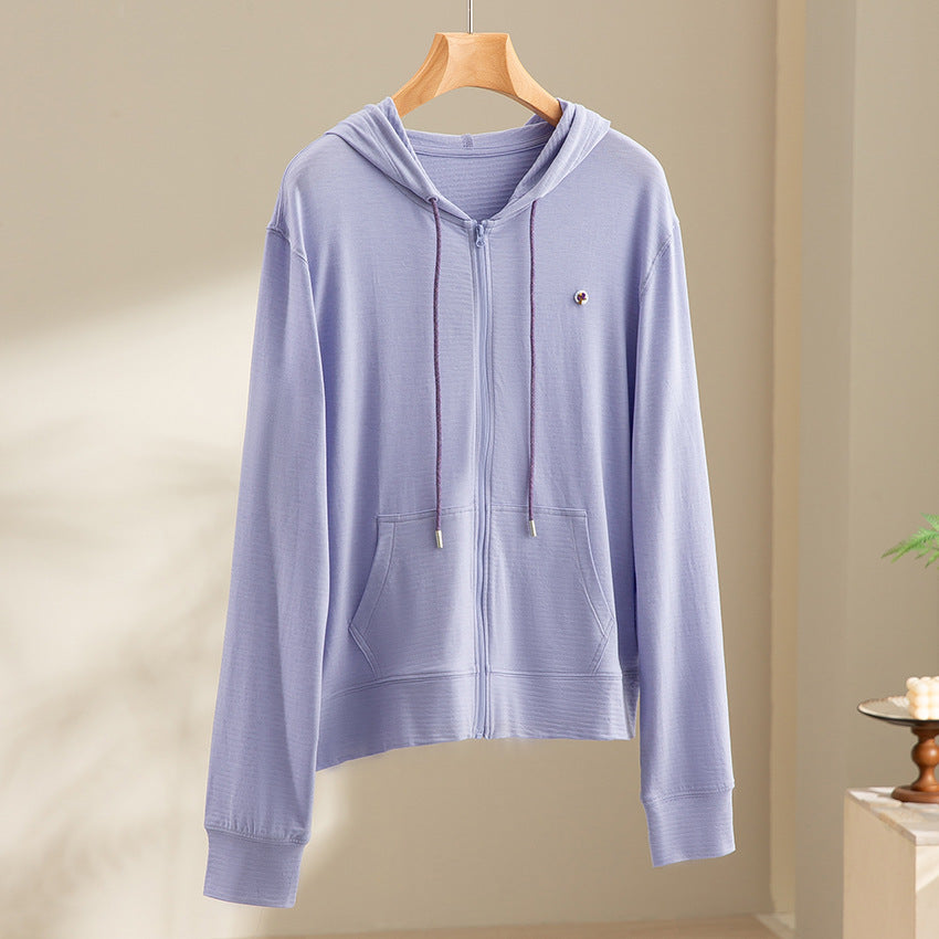 Damen leichte Kapuzen-Sweatjacke aus Slub-Jersey mit durchgehendem Reißverschluss und Kängurutaschen Shop Nory