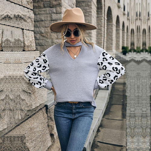 Damen Lässiger Pullover mit Leopardenärmel Shop Nory