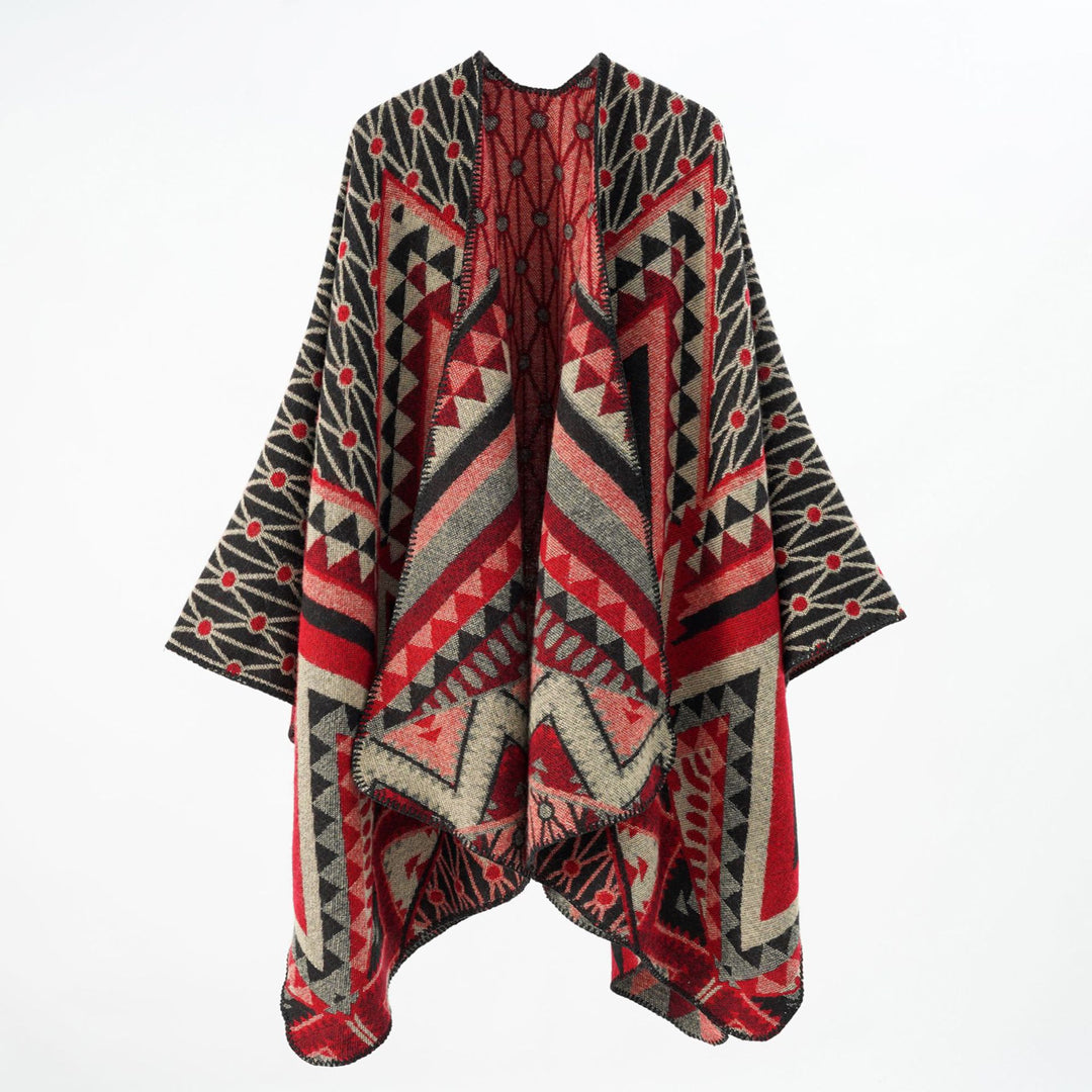 Damen Strukturiertes Jacquard-Poncho-Überwurf mit grafischem Ethno-Muster und offenem Kimono-Fall Shop Nory