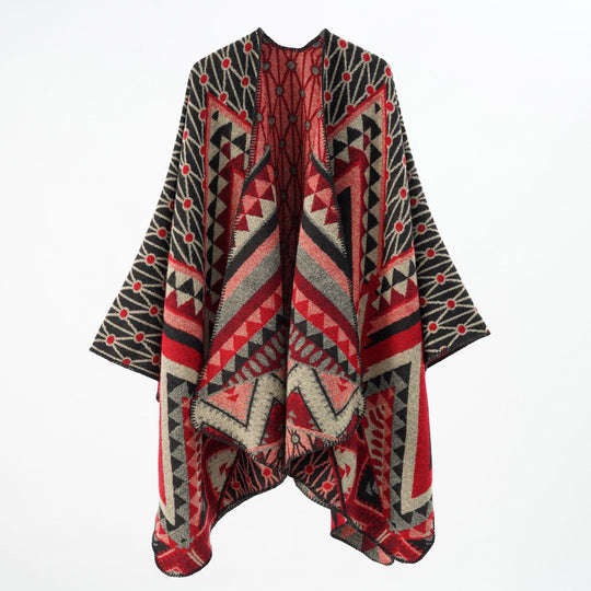 Damen Strukturiertes Jacquard-Poncho-Überwurf mit grafischem Ethno-Muster und offenem Kimono-Fall Shop Nory