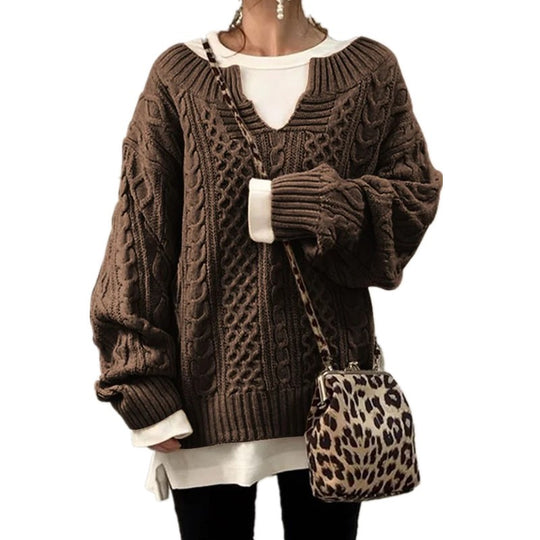 Damen nan weit geschnittener Strickpullover mit Zopfmuster und V-Ausschnitt Shop Nory