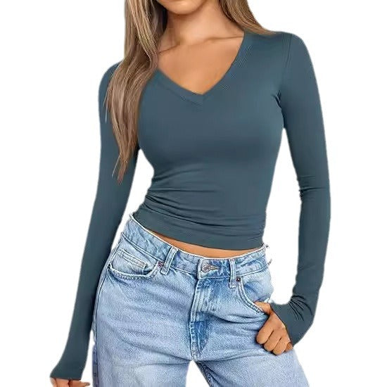 Damen Figurnahes Langarm-Cropped-Shirt mit V-Ausschnitt und elastischem Taillenbund Shop Nory