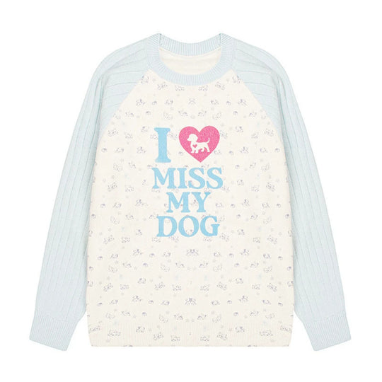 Damen Strickpullover mit Raglanärmeln, Allover-Hundemotiv und Statement-Print Shop Nory