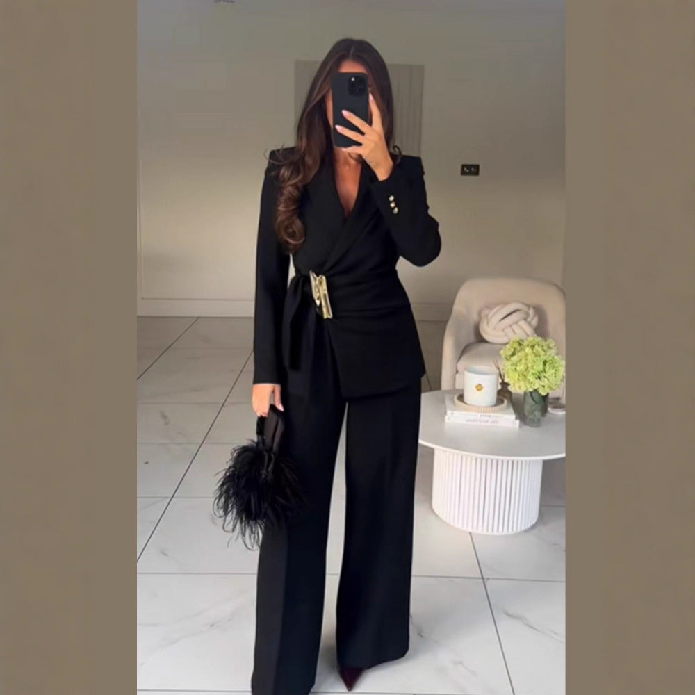 Damen Taillierter Wickel-Blazer mit Zier-Metallschließe & High‑Waist Palazzo‑Hose Shop Nory