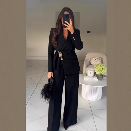Damen Taillierter Wickel-Blazer mit Zier-Metallschließe & High‑Waist Palazzo‑Hose Shop Nory