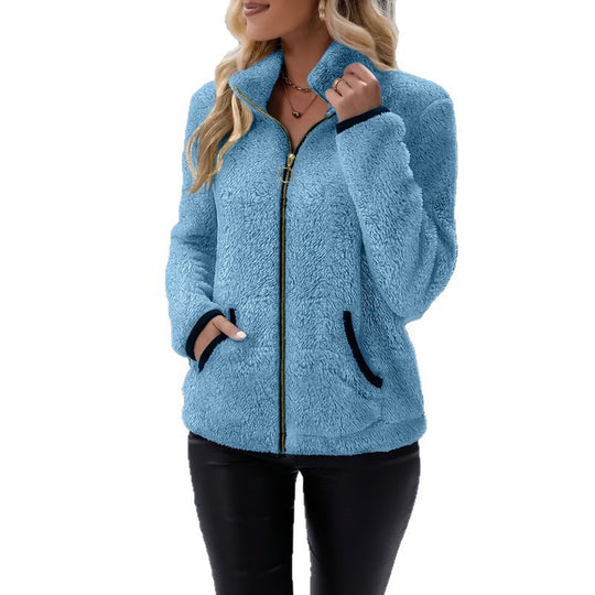 Damen Thermo-Sherpa-Fleecejacke mit Stehkragen, Kontrastkanten und Ringzipper Shop Nory