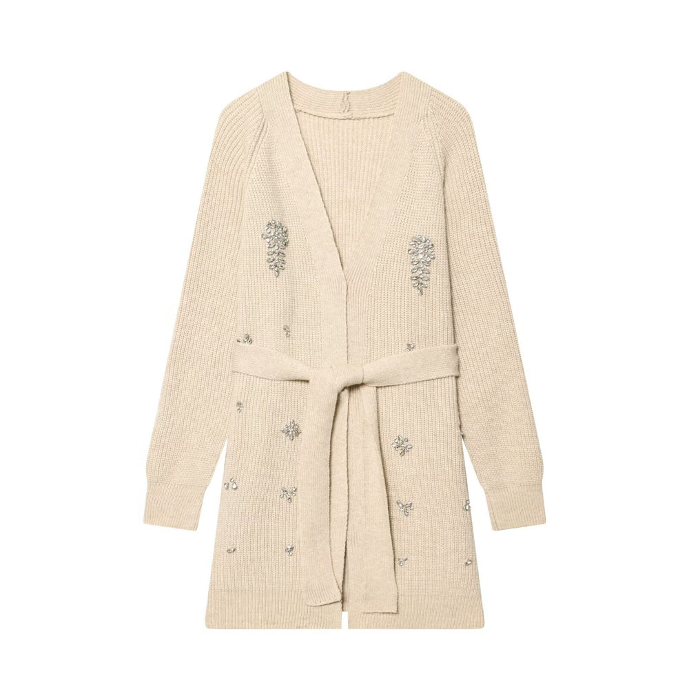 Damen Lange Strickjacke mit Bindegürtel und Schmuckstein-Applikation Shop Nory