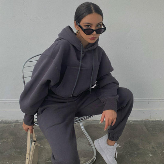 Damen kurzes Oversize-Kapuzenpullover-Set mit elastischer High-Waist-Jogginghose aus Baumwollfleece Shop Nory