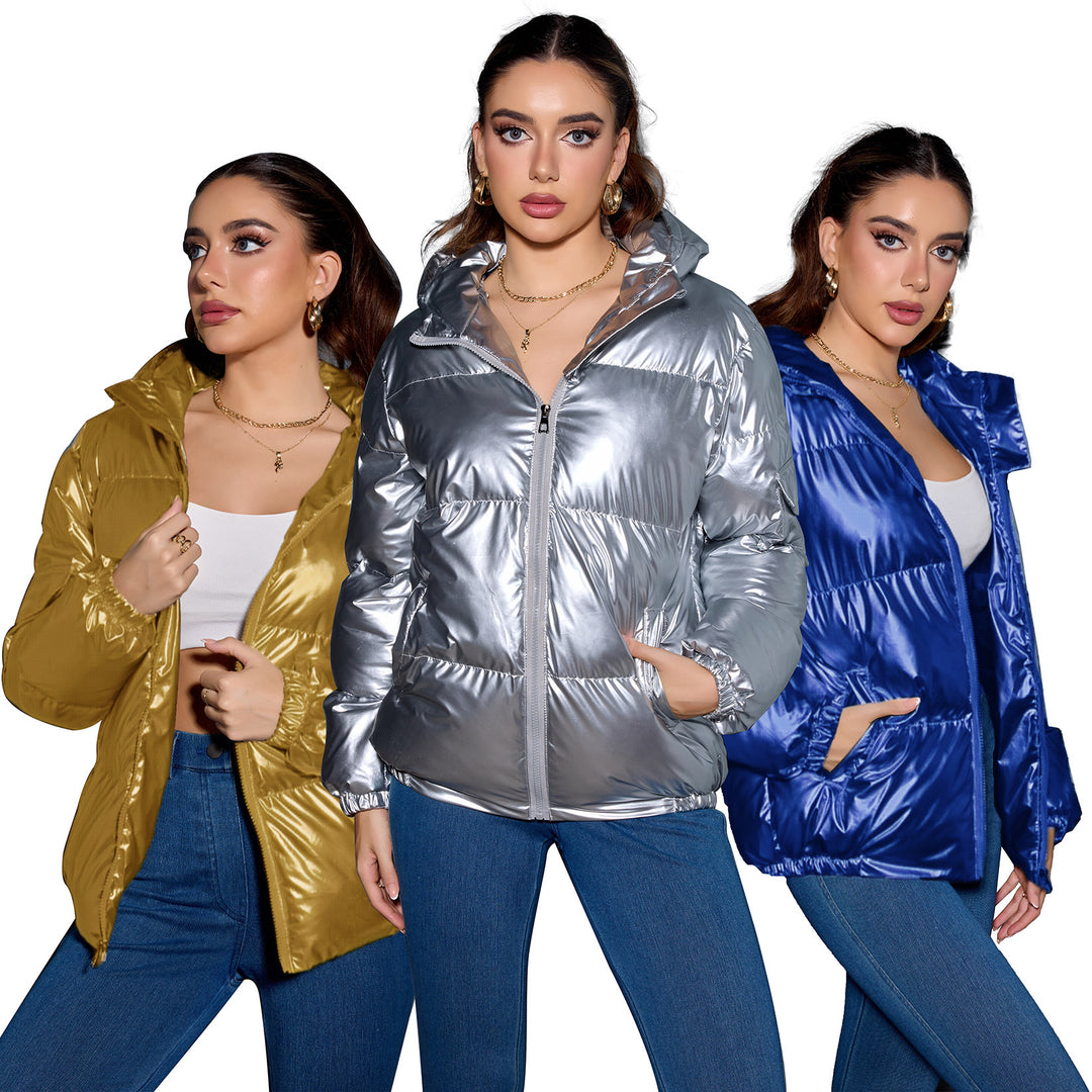 Damen Glänzende Oversize-Steppjacke mit Kapuze & elastischen Bündchen Shop Nory