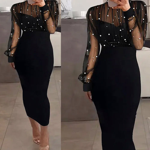 Damen Elegantes Abendkleid mit transparenten Ärmeln und Perlendetails