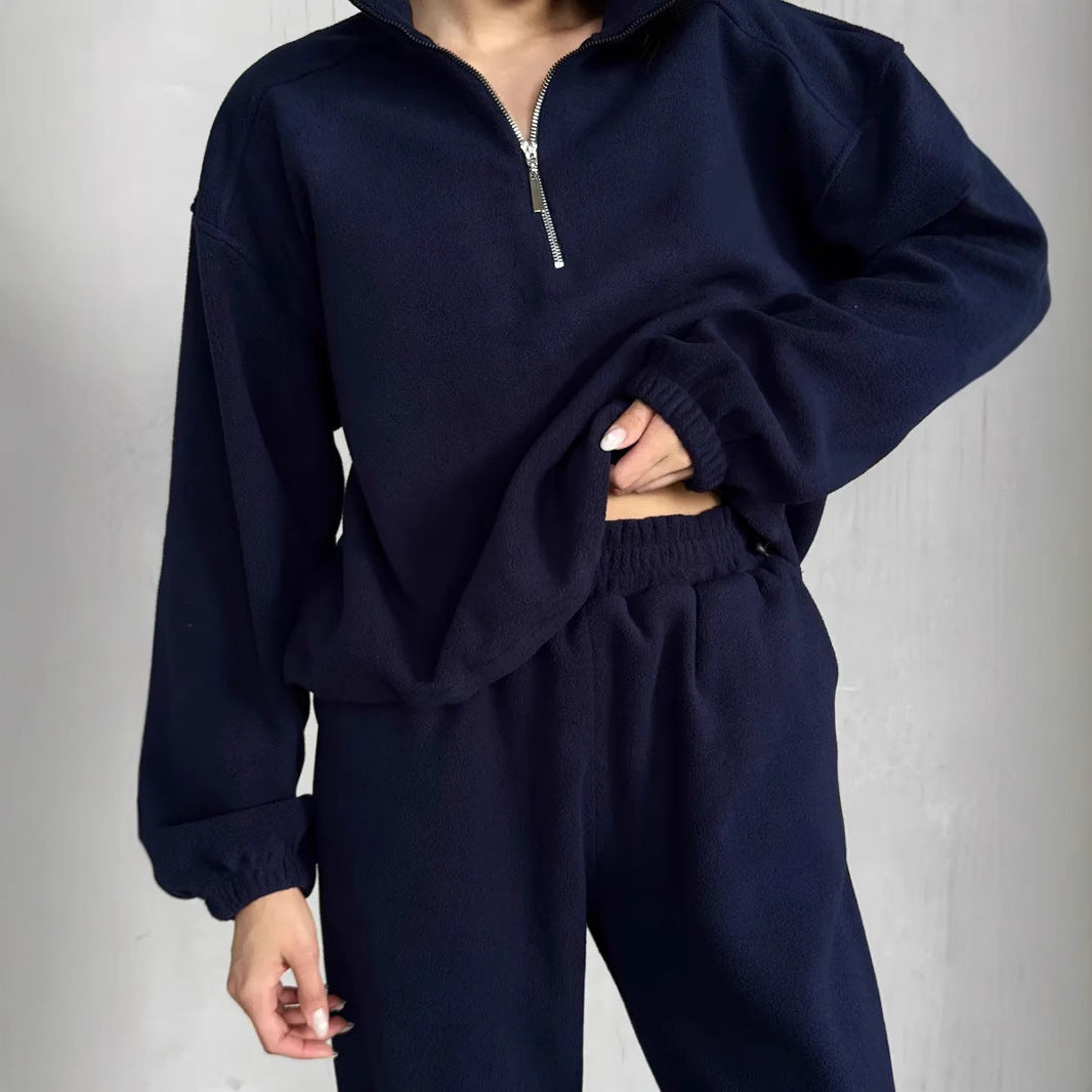 Damen lässiges Fleece-Jogginganzug Set mit Stehkragen und halbhohem Reißverschluss Shop Nory