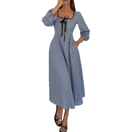 Damen Maxikleid mit Vichy-Karo, Quadrat-Ausschnitt, Taillenraffung und Ballonärmeln Shop Nory