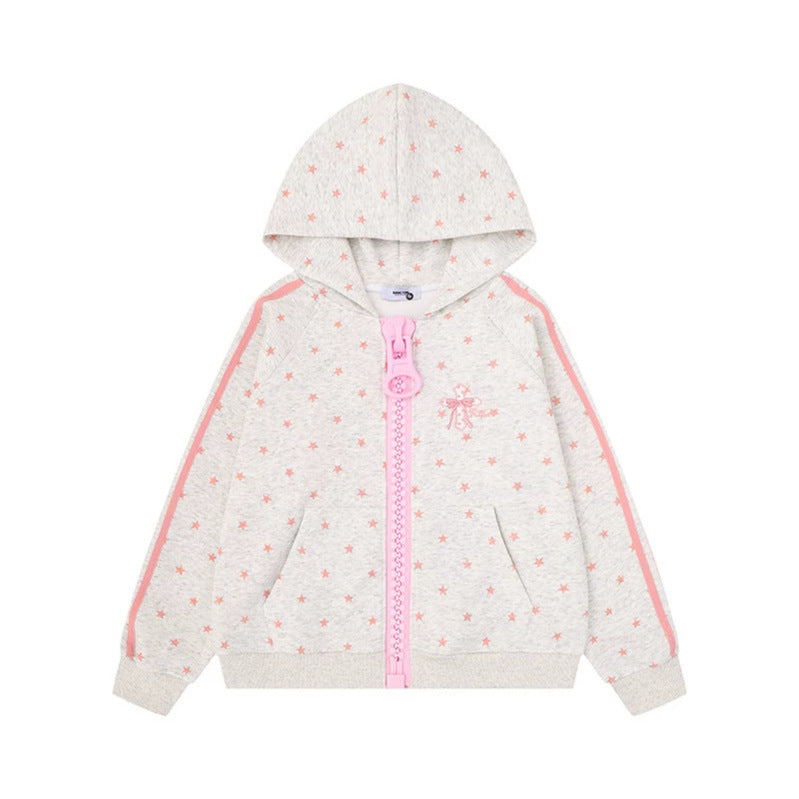 Damen Kapuzen-Sweatjacke mit Sternen-Allover, breitem Kontrastreißverschluss und seitlichen Streifen Shop Nory