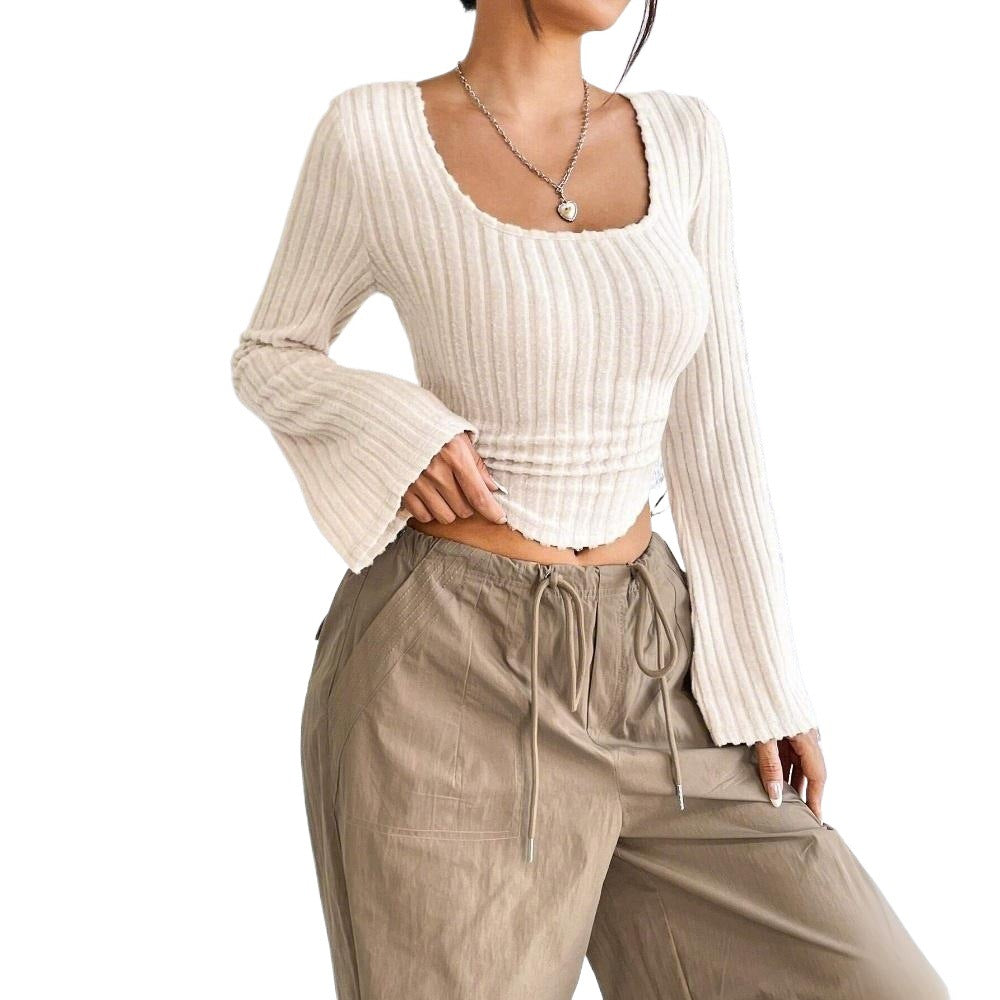 Damen geripptes Crop-Top mit quadratischem Ausschnitt, gewelltem Saum und ausgestellten Ärmeln Shop Nory