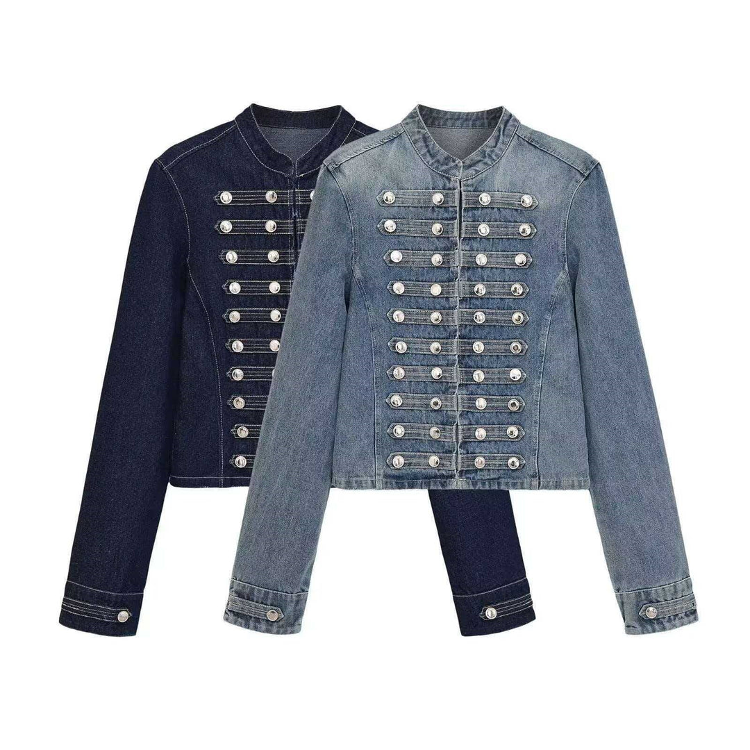 Damen Jeansjacke im Military‑Stil mit Reihenknöpfen und Stehkragen Shop Nory