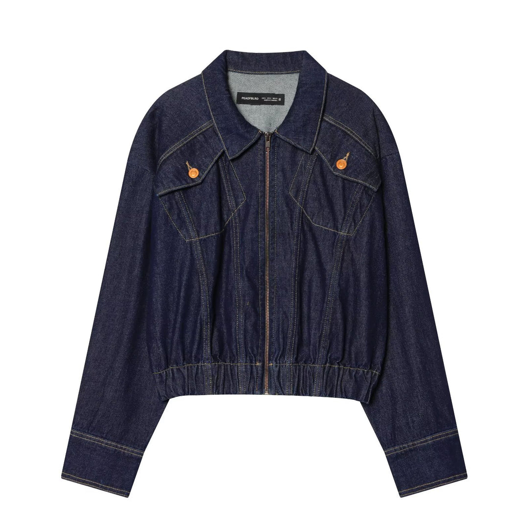 Damen Cropped Jeansjacke mit Reißverschluss, taillierter Tunnelzug und Pattentaschen Shop Nory