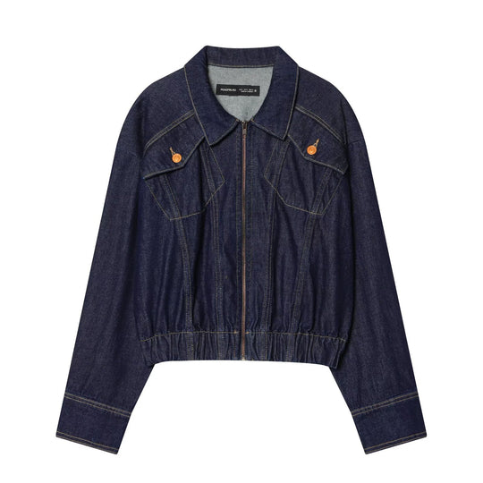 Damen Cropped Jeansjacke mit Reißverschluss, taillierter Tunnelzug und Pattentaschen Shop Nory