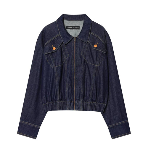 Damen Cropped Jeansjacke mit Reißverschluss, taillierter Tunnelzug und Pattentaschen Shop Nory