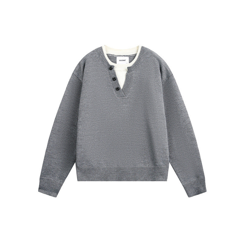 Unisex Grobgestrickter Pullover mit V‑Knopfleiste und Lagenkragen Shop Nory
