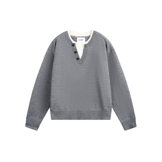 Unisex Grobgestrickter Pullover mit V‑Knopfleiste und Lagenkragen Shop Nory