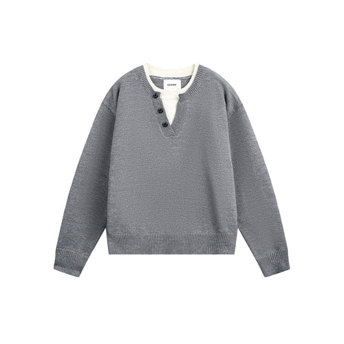 Unisex Grobgestrickter Pullover mit V‑Knopfleiste und Lagenkragen Shop Nory