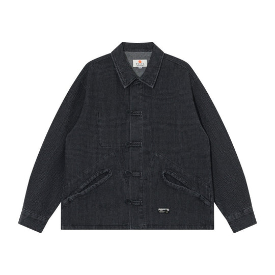Herren Kurz geschnittene Denim-Chorejacke im Boxy-Blousonstil mit chinesischer Knebelknopfleiste Shop Nory