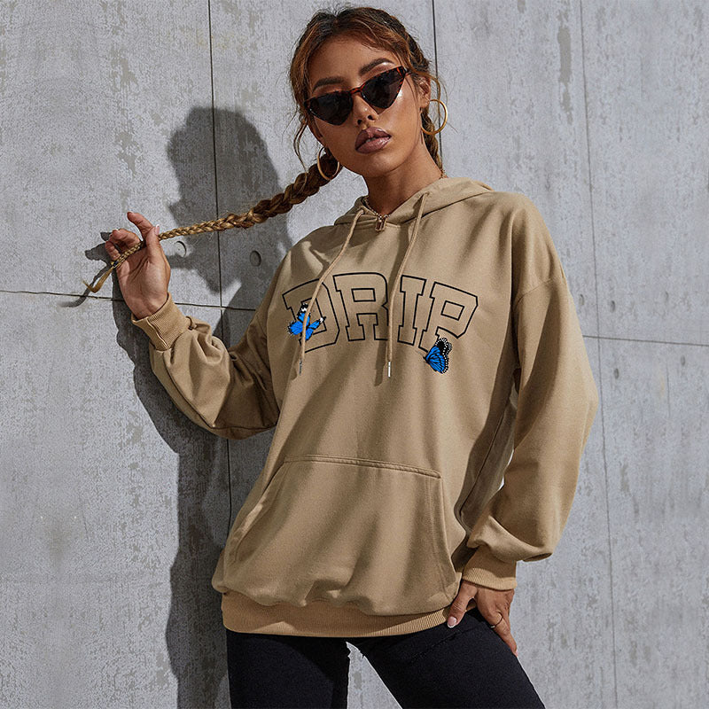 Damen Oversize-Kapuzenpullover mit Kängurutasche und Schmetterling-Stickerei Shop Nory