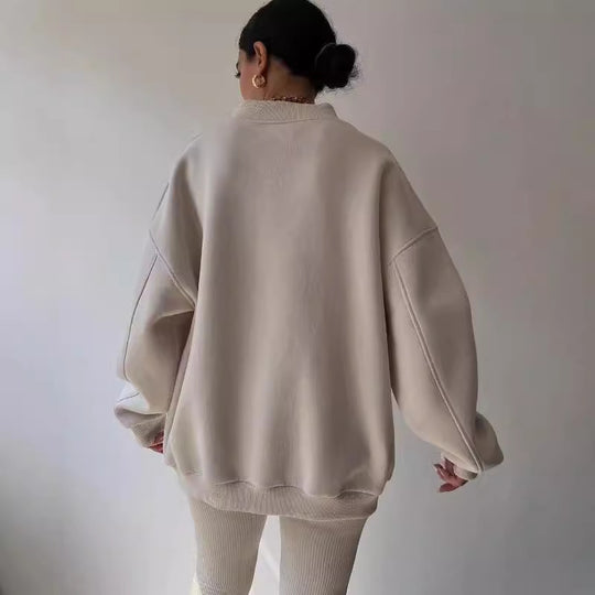 Damen Oversized Sweatshirt mit V-Ausschnitt und geripptem Kragen Shop Nory