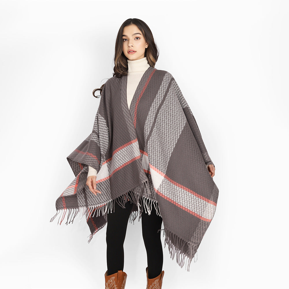 Damen Oversize Capeponcho aus Wollmix mit Karomuster und Fransensaum Shop Nory