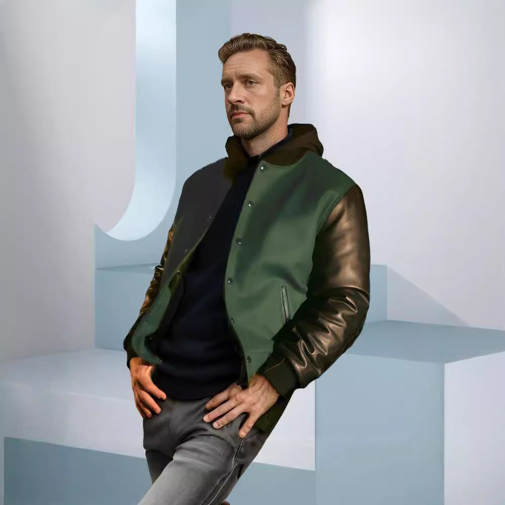 Herren College-Bomberjacke im Varsity-Stil mit Wollkörper und Lederärmeln Shop Nory
