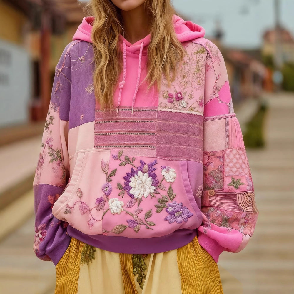 Damen Bestickter Patchwork-Kapuzenpullover mit Blumenapplikation und Kängurutasche Shop Nory