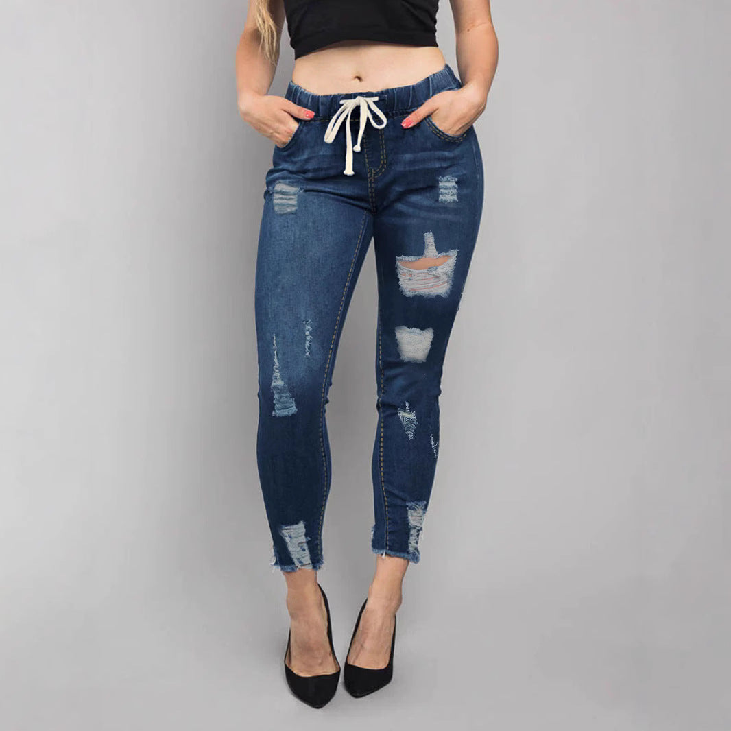 Damen Hochtaillierte Destroyed-Jogger-Jeans mit elastischem Tunnelzugbund und gekürztem Fransen-Saum Shop Nory