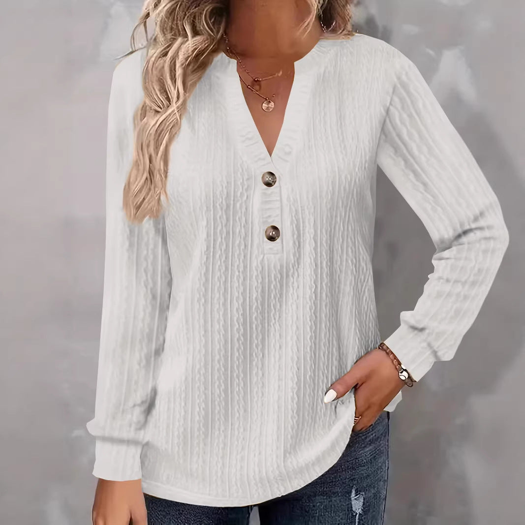 Damen Strukturiertes V‑Neck Langarmshirt mit Zierknopfleiste Shop Nory