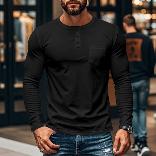 Herren nan figurbetontes Henley-Langarmshirt mit Brusttasche und feinem Stretchjersey Shop Nory