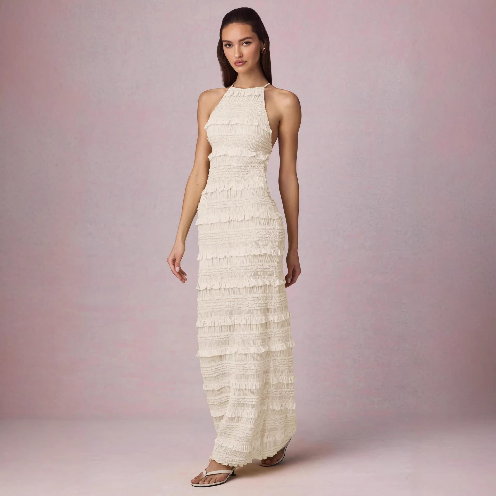 Damen Maxi-Kleid mit fransendem Design und elegantem Halterneck