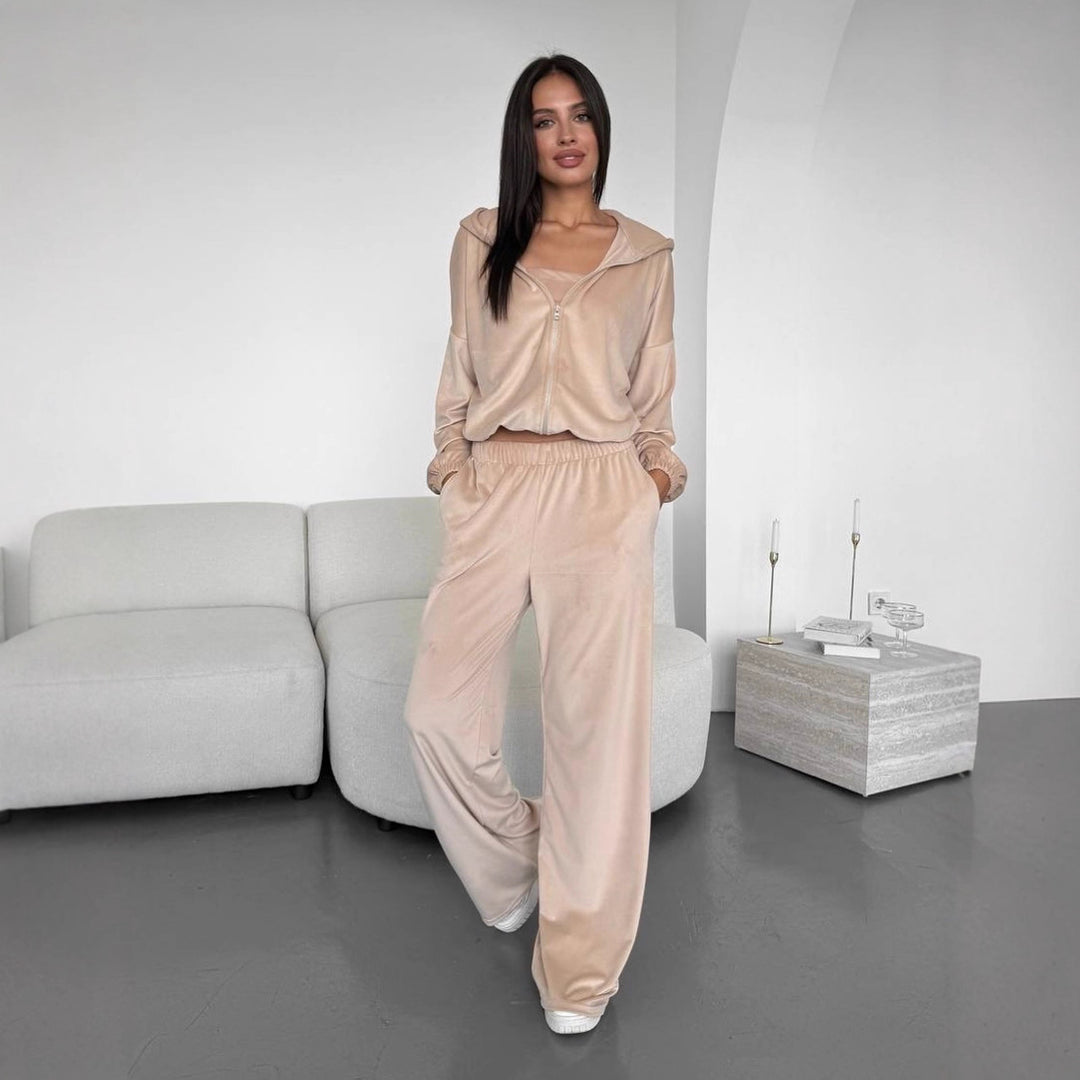 Damen Dreiteiliges Velours-Loungewear-Set mit Cropped-Top, Zip-Hoodie und weitem Palazzo-Hosenbein Shop Nory