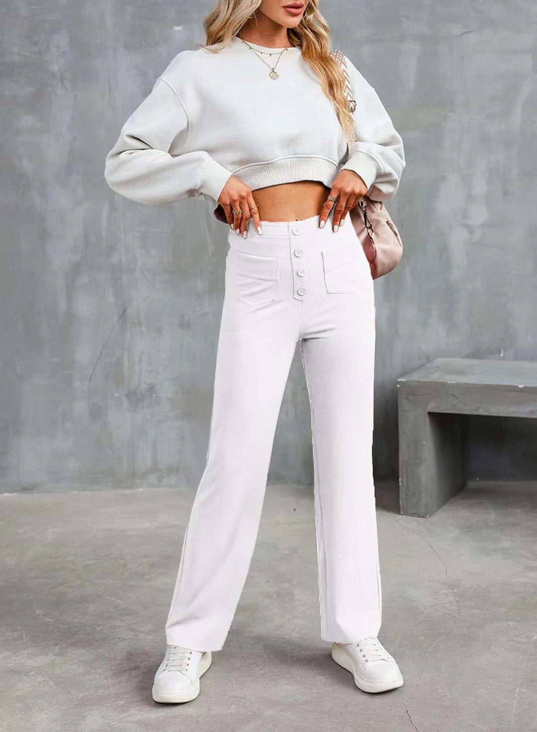 Damen Hochtaillierte weite Hose mit Knopfleiste und aufgesetzten Taschen Shop Nory