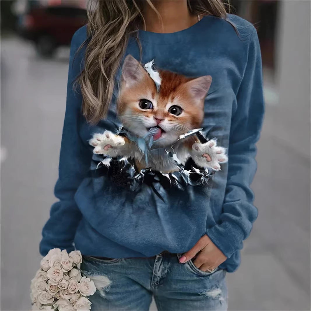 Damen Gemütlicher Übergroßer Fleece-Pullover mit Großem Welpenfoto-Print Shop Nory