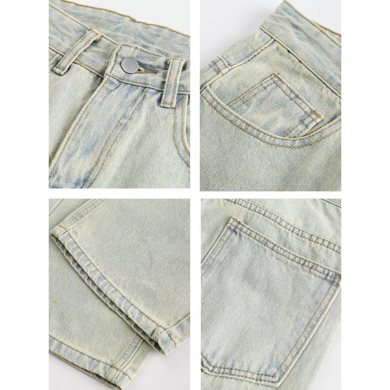Damen Weite Utility-Denimhose mit Knie‑Patch, hohem Bund und geradem Bein Shop Nory