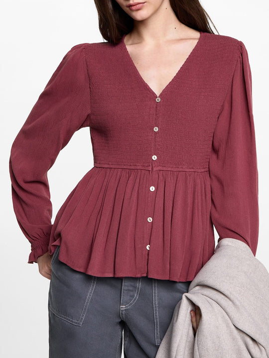 Damen Schößchenbluse aus strukturiertem Viskosegewebe mit V‑Ausschnitt und Knopfleiste Shop Nory
