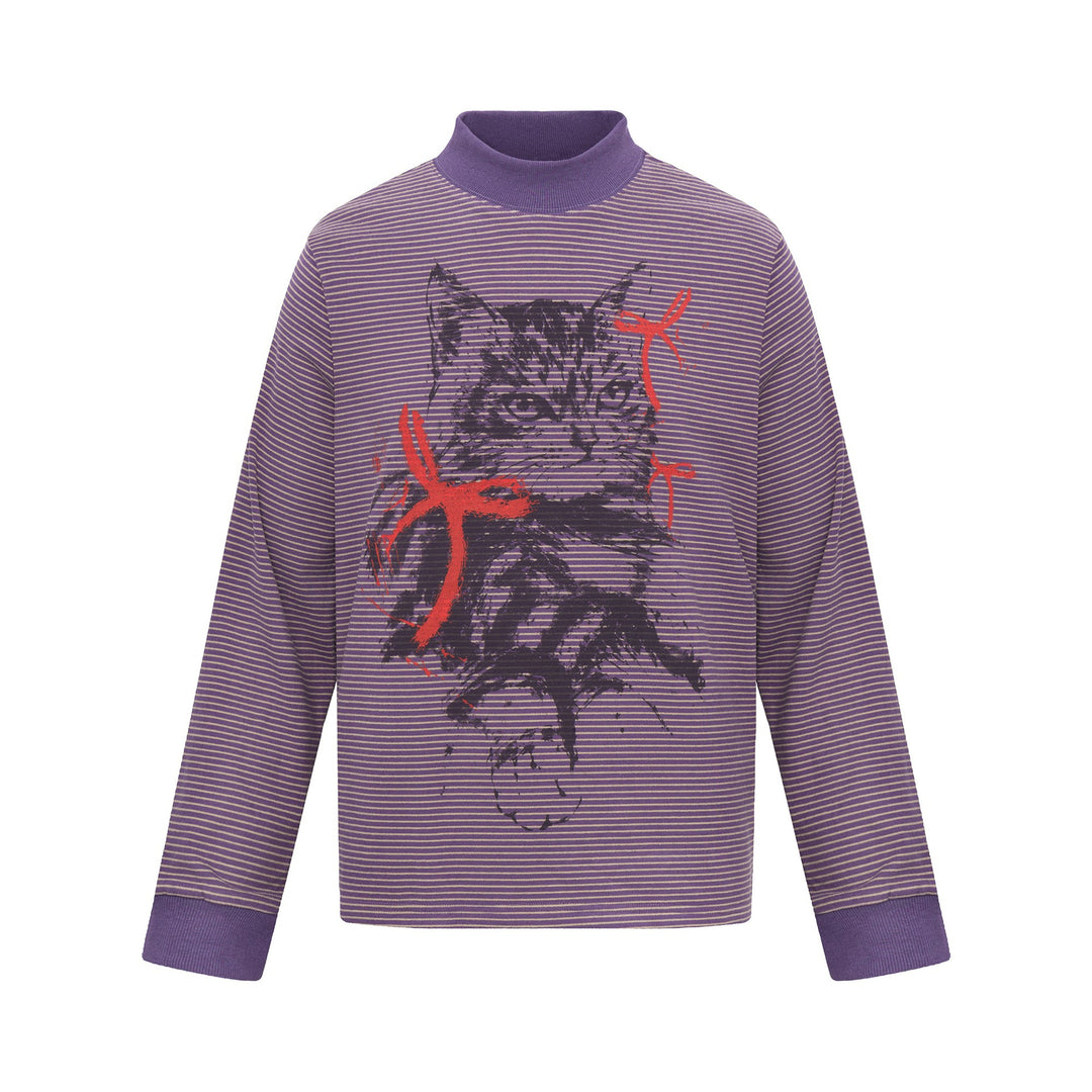 Unisex Gestreiftes Longsleeve mit Stehkragen, Oversize-Schnitt und Katzenprint Shop Nory