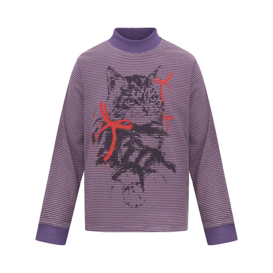 Unisex Gestreiftes Longsleeve mit Stehkragen, Oversize-Schnitt und Katzenprint Shop Nory