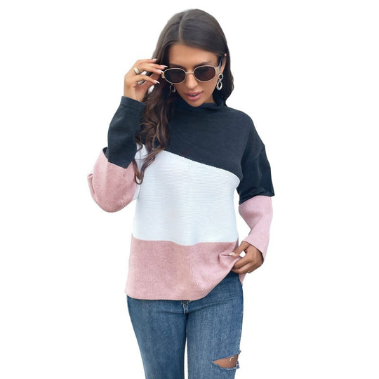 Damen Dreifarbiger Strukturstrick-Pullover mit Stehkragen und lässiger Oversize-Silhouette Shop Nory