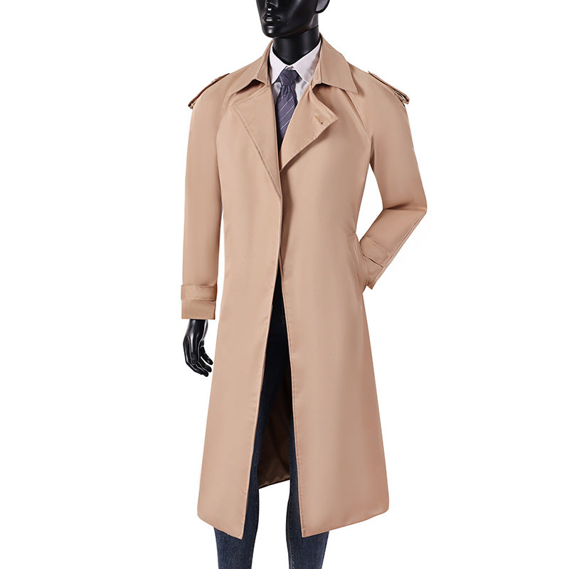 Herren eleganter knie- bis wadenlanger Trenchcoat mit verdeckter Knopfleiste und Schulterklappen Shop Nory