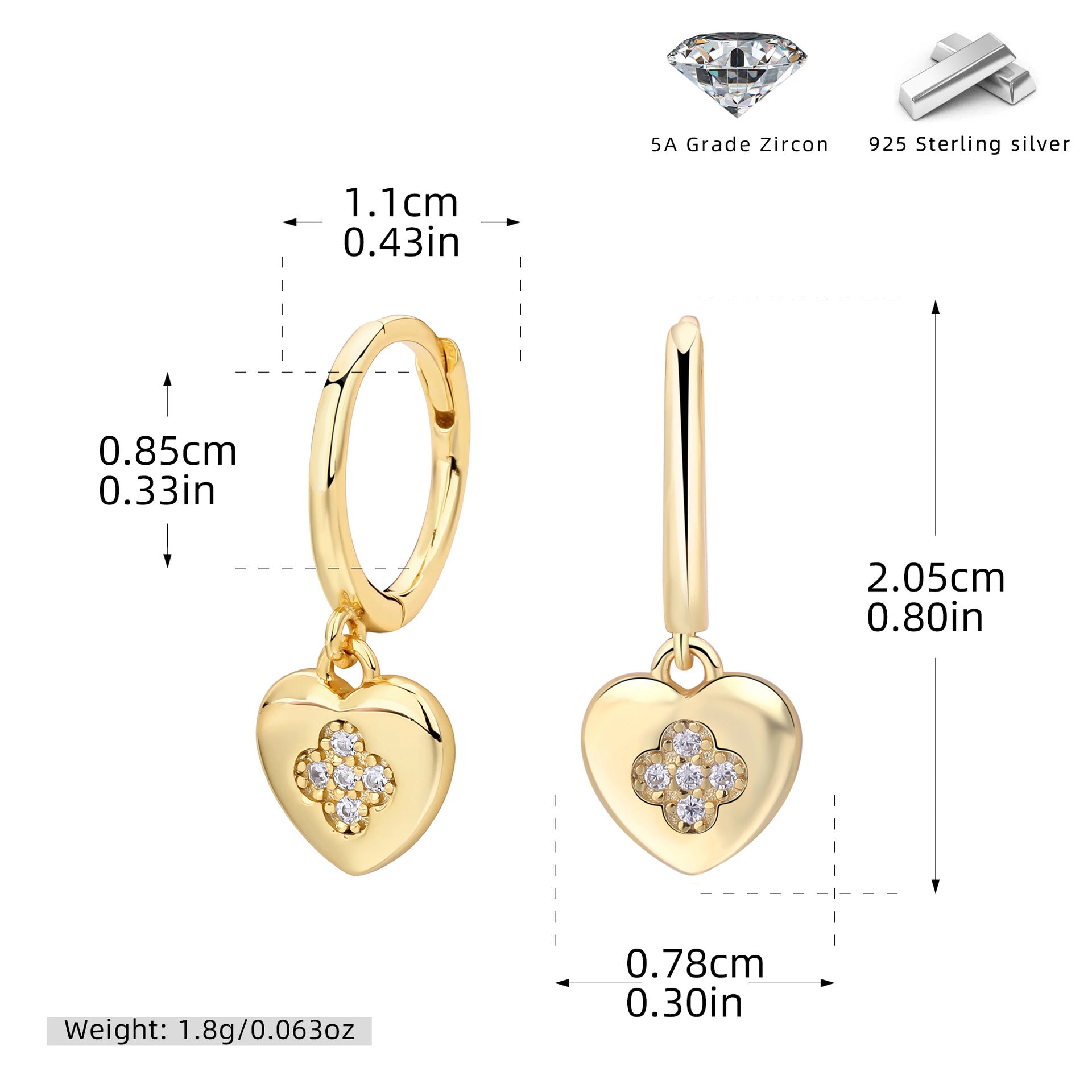 Damen Ohrhänger mit Herzanhänger und funkelnden Zirkonia Shop Nory